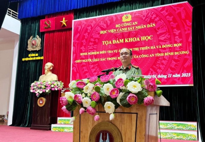 Thượng tá Hồ Thọ Hải - Phó Trưởng phòng An ninh mạng và PCTP SD công nghệ cao, Công an tỉnh Bình Dương báo cáo tại Toạ đàm