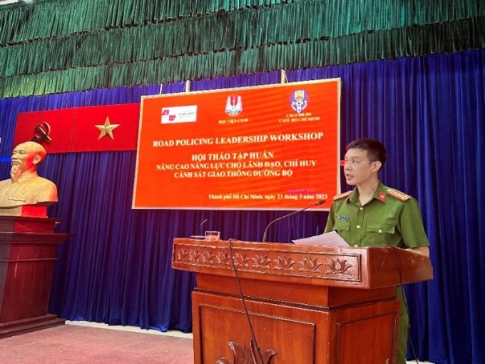 Thượng tá, PGS.TS Lê Huy Trí, Phó Viện trưởng Viện Khoa học Cảnh sát, Học viện CSND phát biểu tại Lễ khai mạc